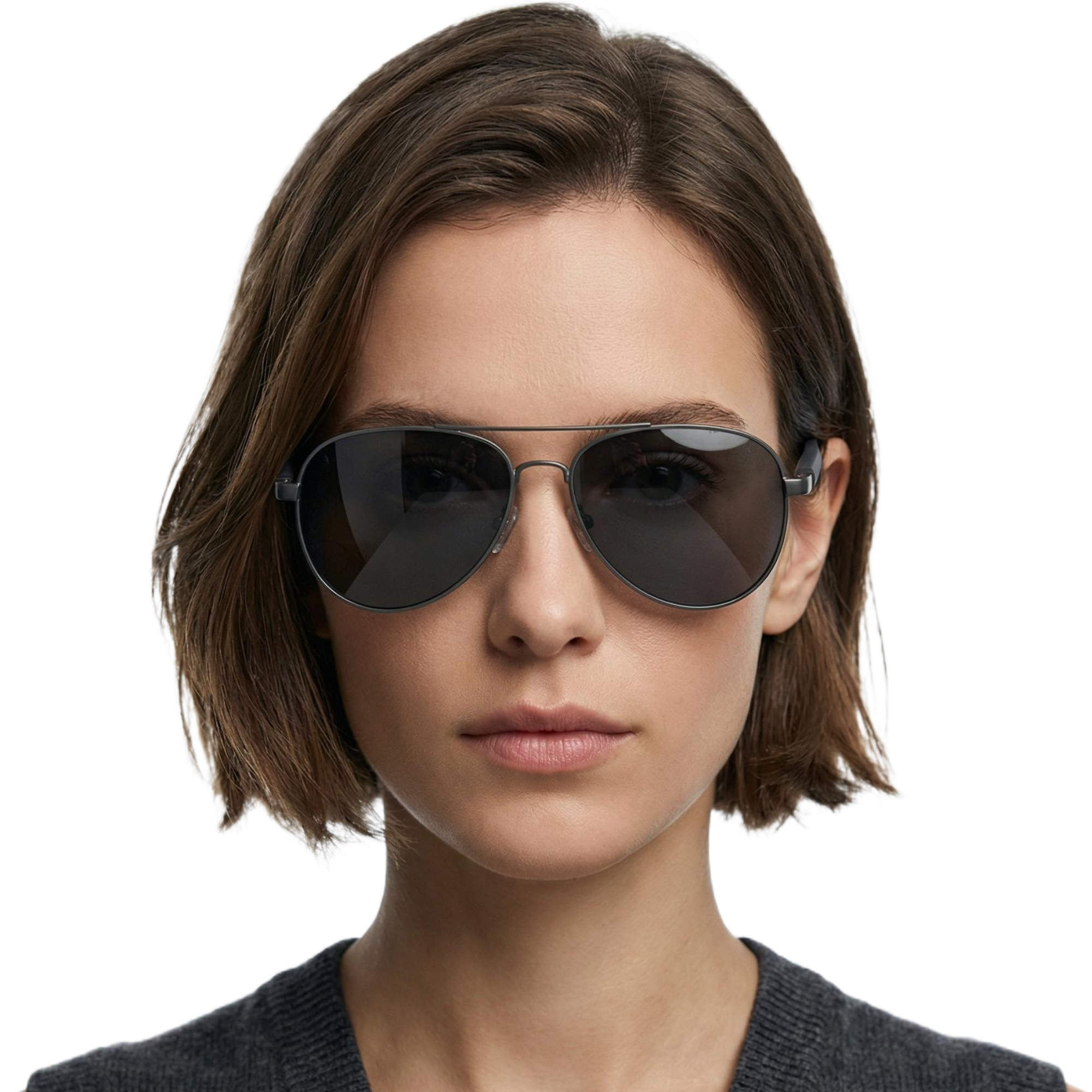 Woman wearing Retro Aviator silver metal frame and mirror blue lens  sunglasses by Missandtrendy front side view_black