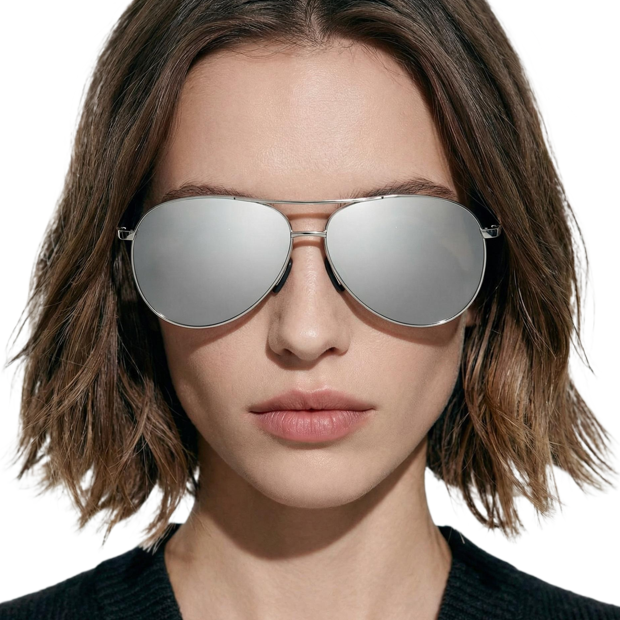 Woman wearing Retro Aviator silver metal frame and mirror grey lens  sunglasses by Missandtrendy front side view_main_1