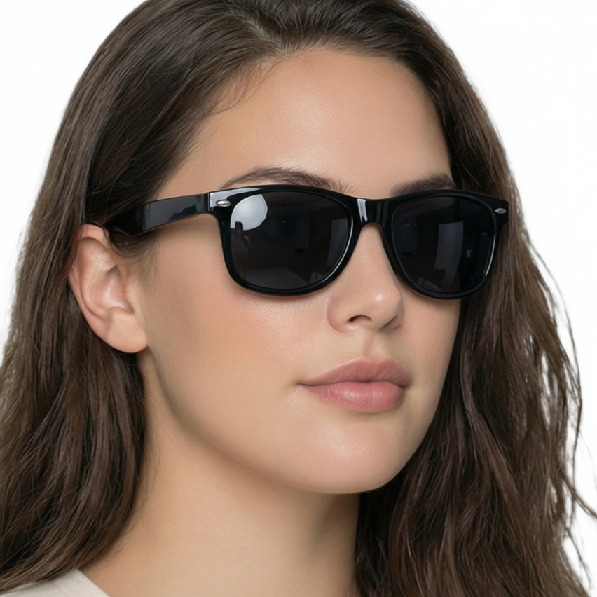 Woman_wearing_Sunshine_black_frame_and_black_lens_wayfarer_sunglasses_by_Missandtrendy_45_side_view_02