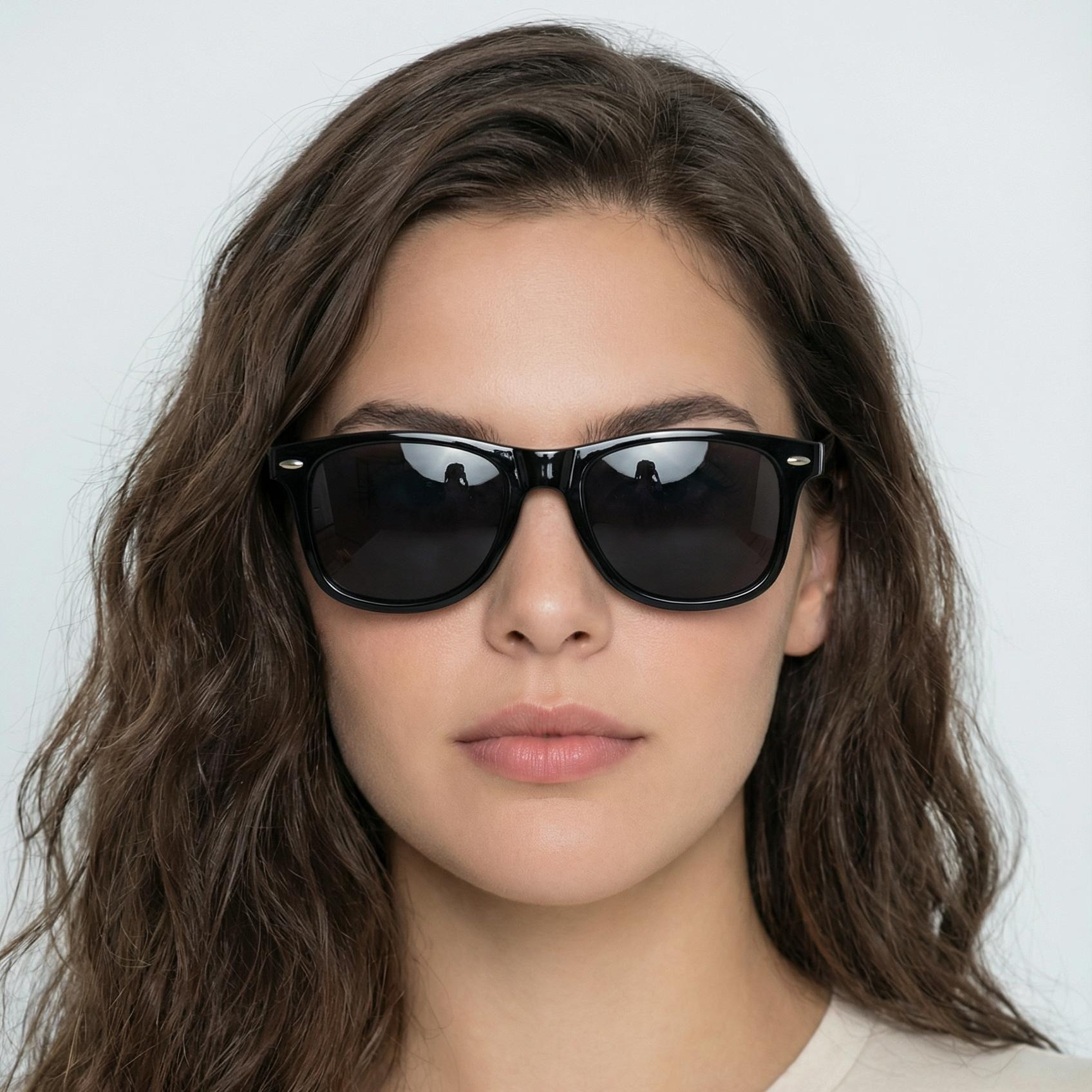 Woman_wearing_Sunshine_black_frame_and_black_lens_wayfarer_sunglasses_by_Missandtrendy_front_side_head shot