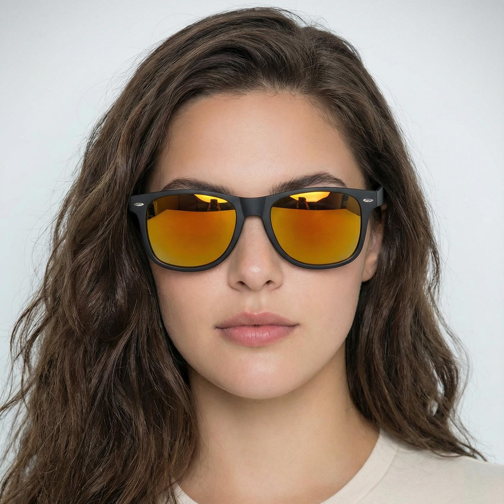 Woman_wearing_Sunshine_black_frame_and_mirror_yellow_lens_wayfarer_sunglasses_by_Missandtrendy_front_side_view