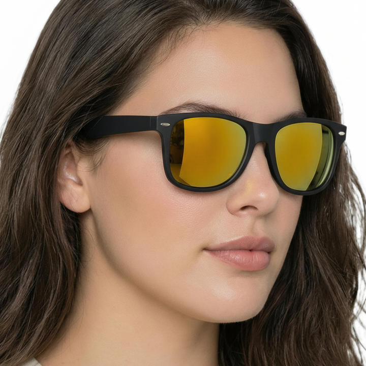 Woman_wearing_Sunshine_black_frame_and_mirror_yellow_lens_wayfarer_sunglasses_by_Missandtrendy_45_side_view_02