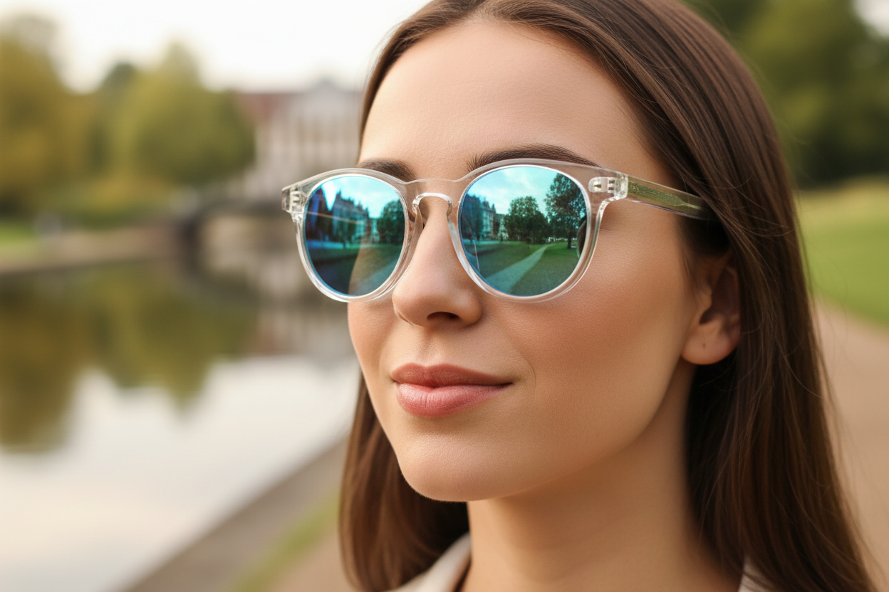 Woman wearing Wolverhampton round  sunglasses with clear transparent frame and mirror turquoise lens 