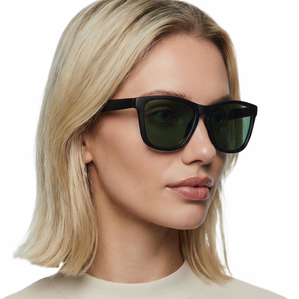 Woman wearing camden black frame and green lens wayfarer sunglasses by Missandtrendy 45º side view_new_1