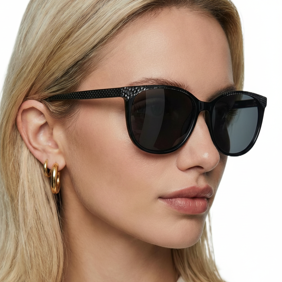 Woman wearing cat-eye black frame and black lens cat-eye sunglasses by Missandtrendy 45º side view new_02