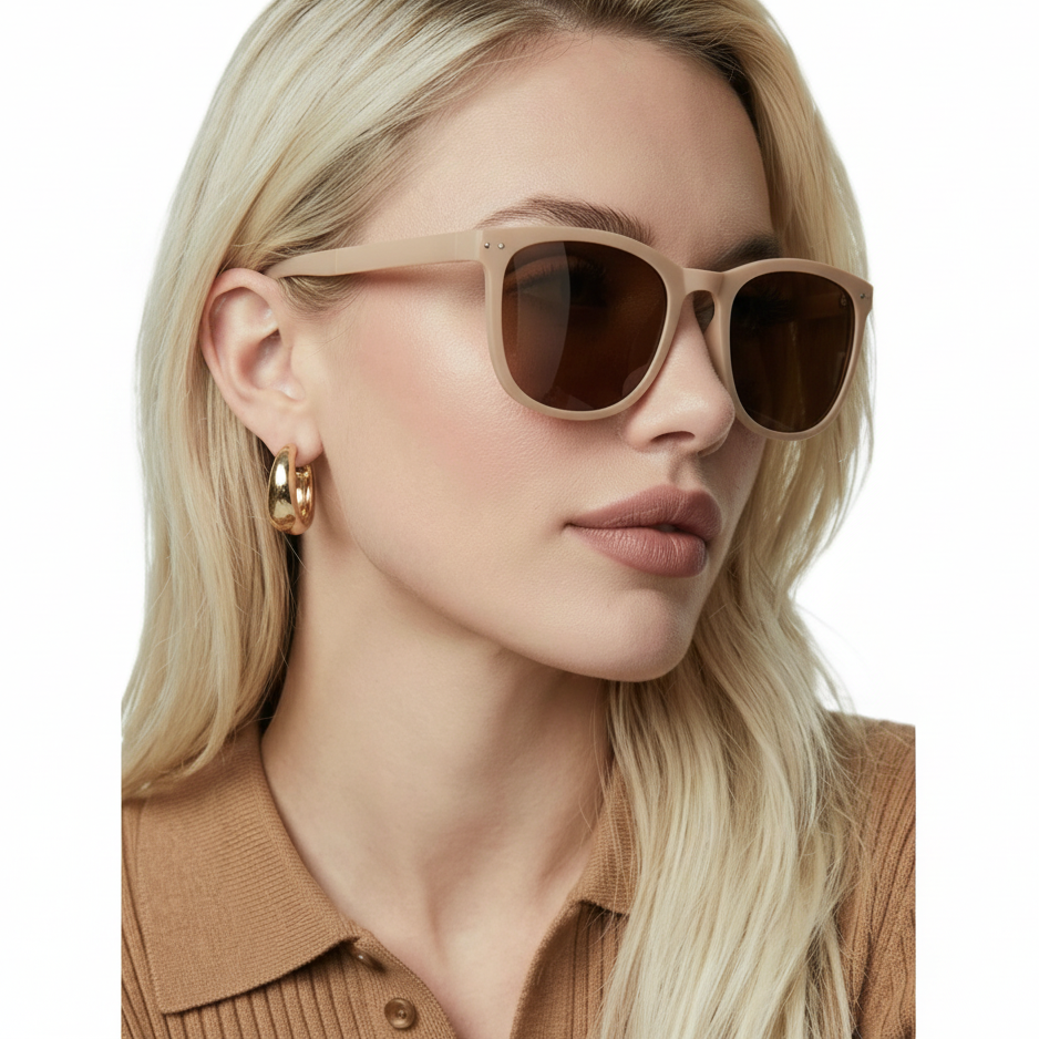 Woman wearing convert beige frame and brown lens wayfarer sunglasses by Missandtrendy 45 side view_new_1