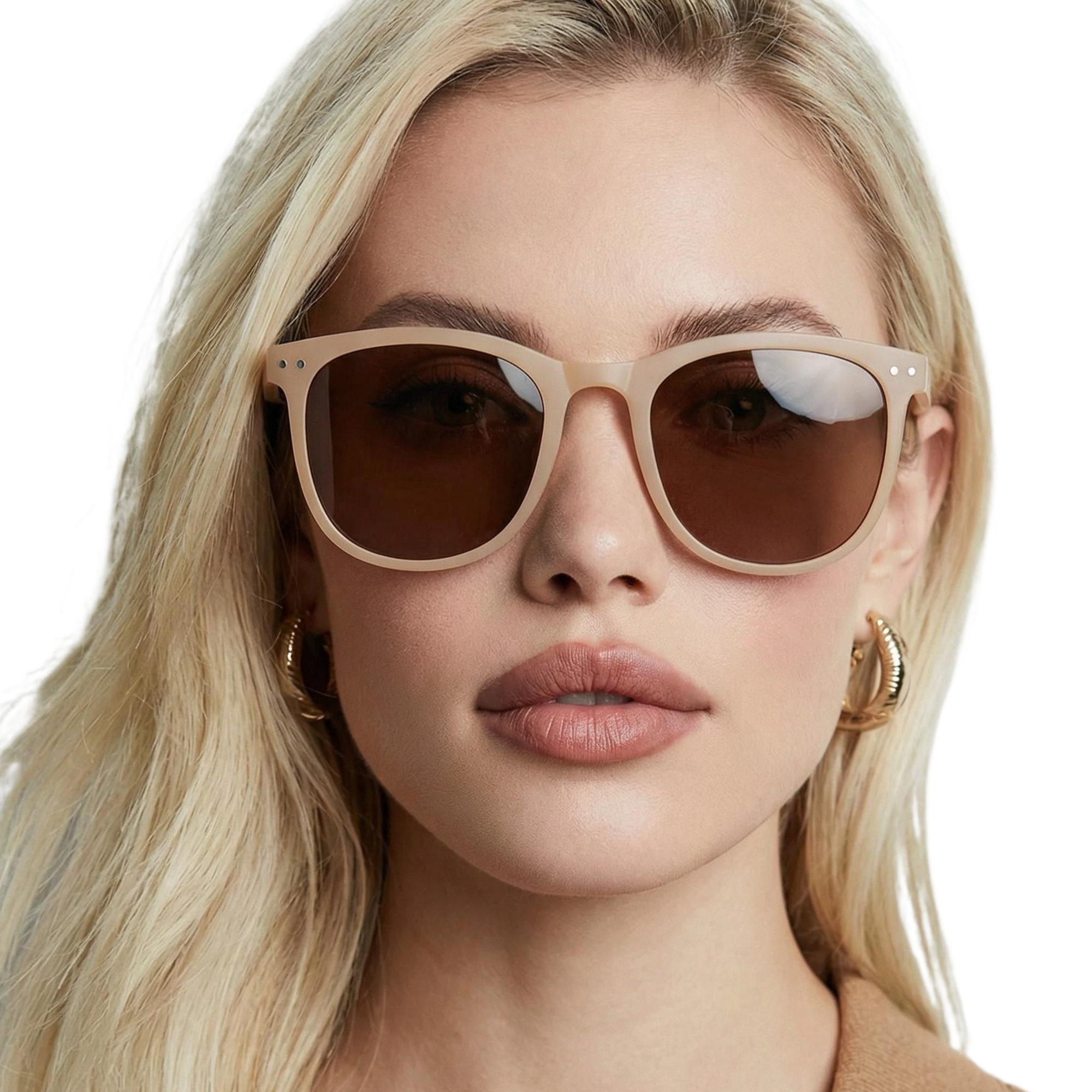 Woman wearing convert beige frame and brown lens wayfarer sunglasses by Missandtrendy front side view_new