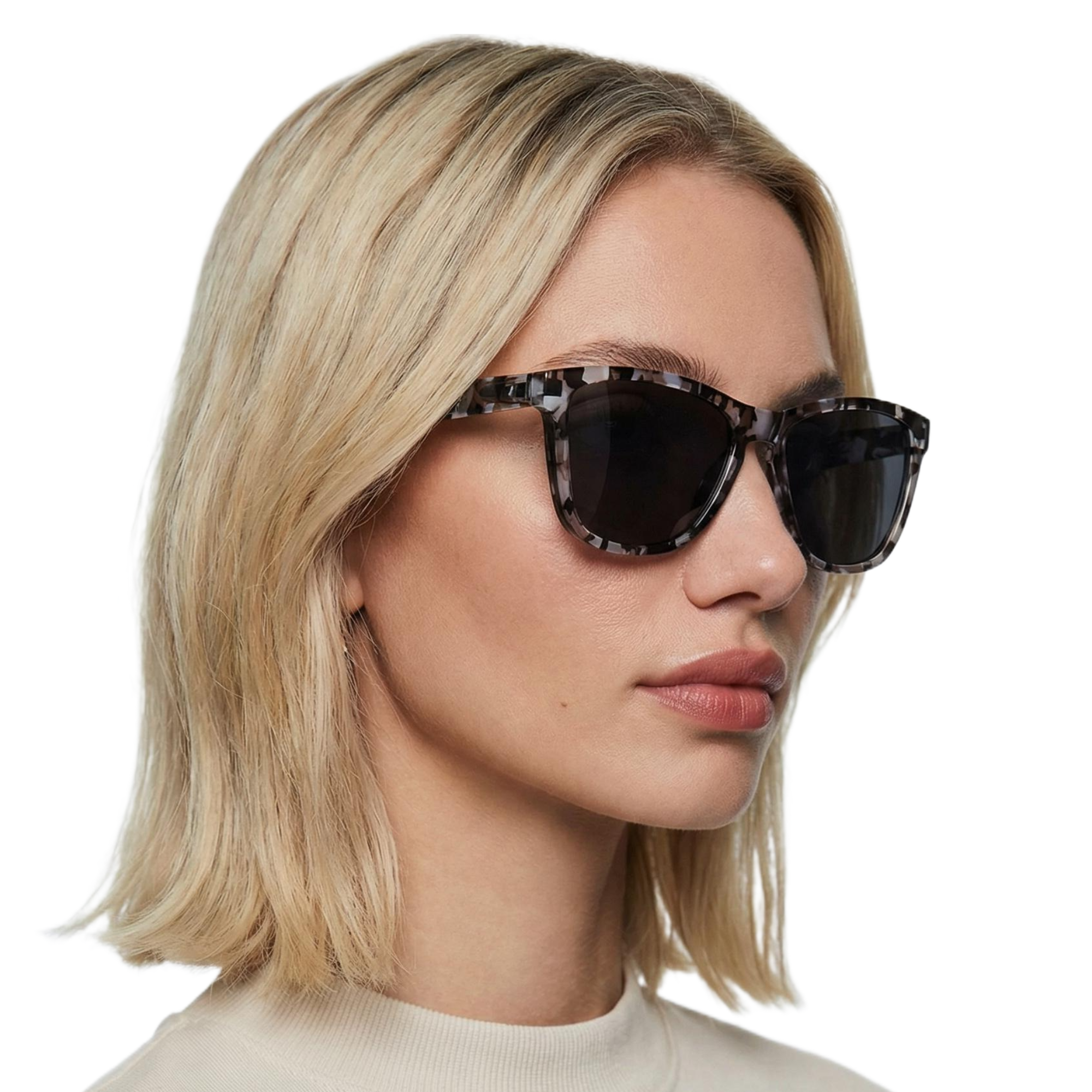 Woman_wearing_dreamlike_black_pattern_frame_and_black_lens_wayfarer_sunglasses_by_Missandtrendy_45_side_view_square