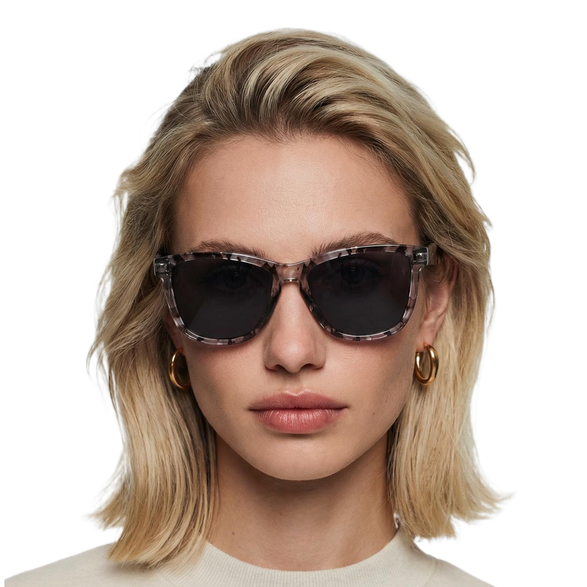 Woman_wearing_dreamlike_black_pattern_frame_and_black_lens_wayfarer_sunglasses_by_Missandtrendy_front_side_view_square