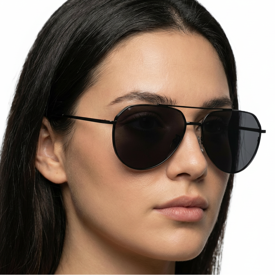 Woman wearing future black frame and black lens aviator polarised UV400 sunglasses by Missandtrendy 45º side view main_01