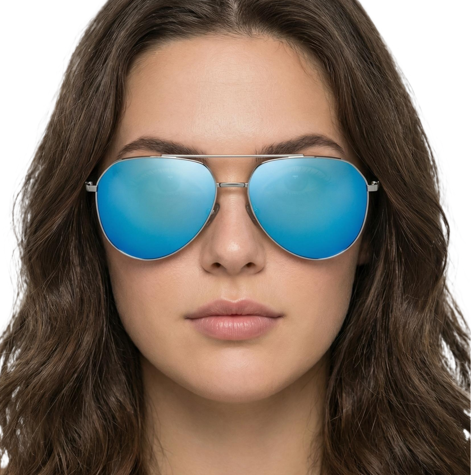 Female wearing blue reflective teardrop aviator mirror blue UV polarised sunglasses with a neutral background by Missandtrendy