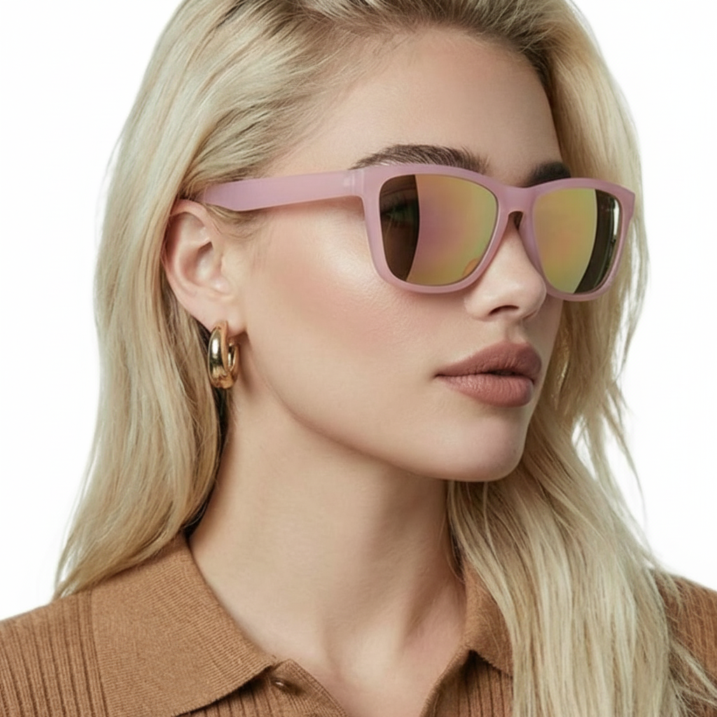 Woman wearing rainbow pink frame and pink lens square sunglasses by Missandtrendy 45º side view 01