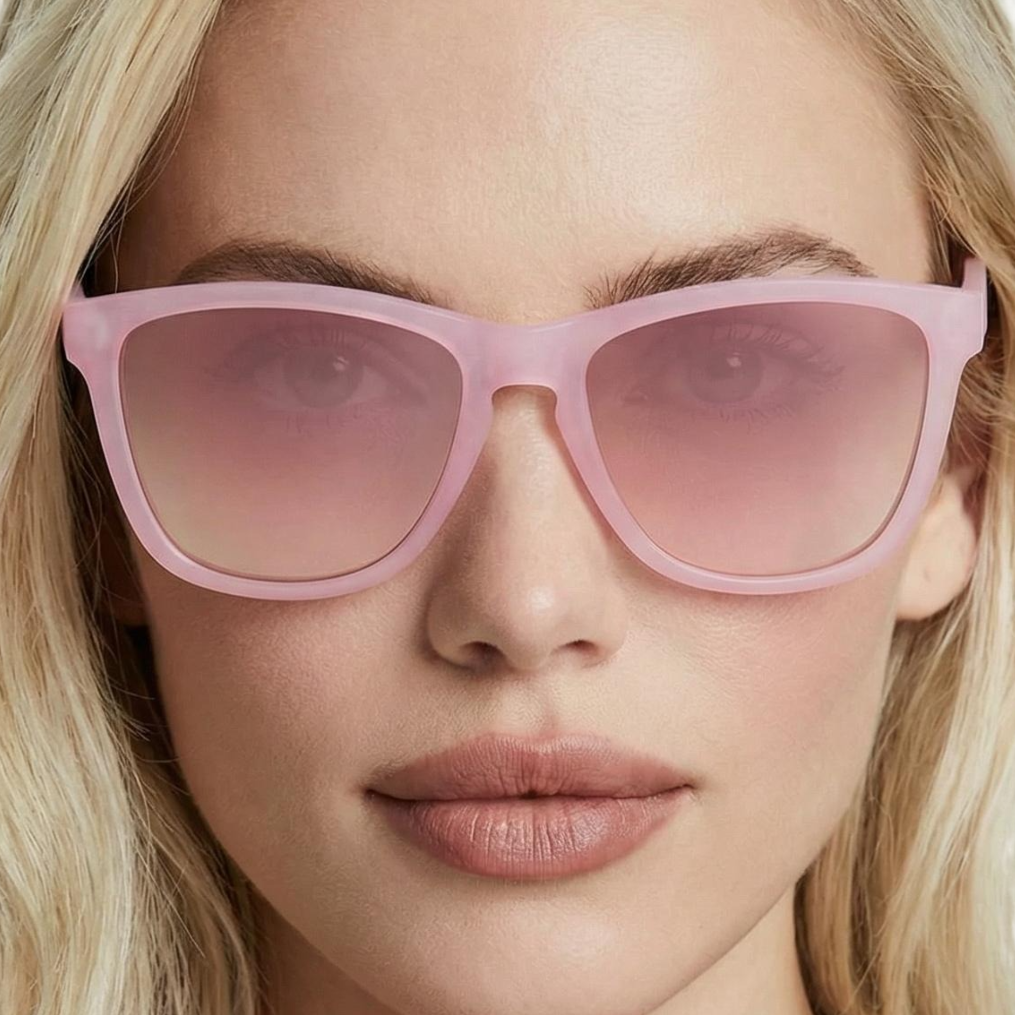 Woman wearing rainbow pink frame and pink lens square sunglasses by Missandtrendy front side view_new_close up