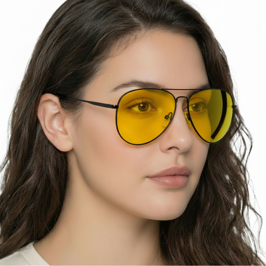 Woman wearing retro aviator gunmetal metal frame and gradient green lens sunglasses by Missandtrendy 45º side view 01