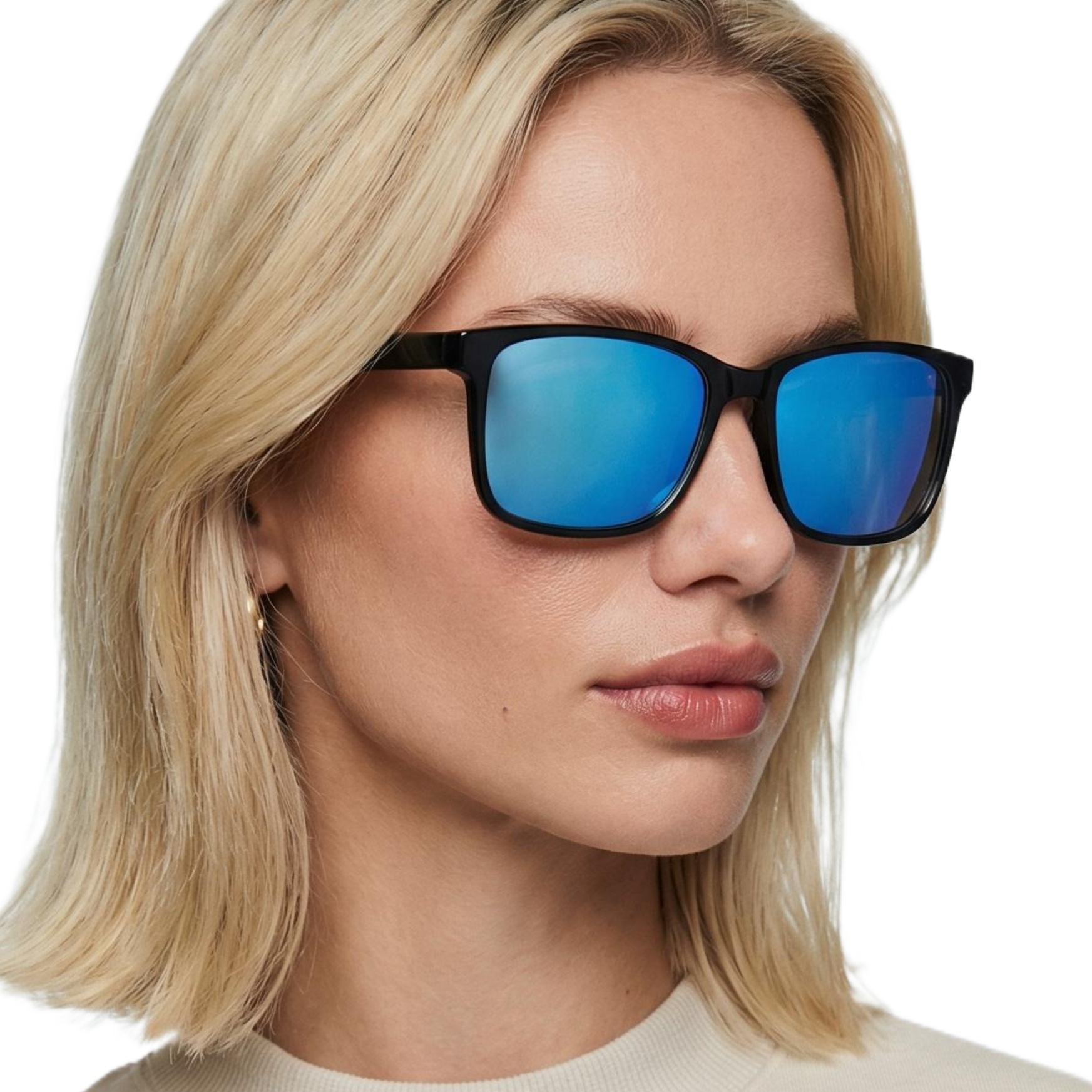 Woman wearing waves black frame and mirror blue lens rectangular sunglasses by Missandtrendy 45º side view_0