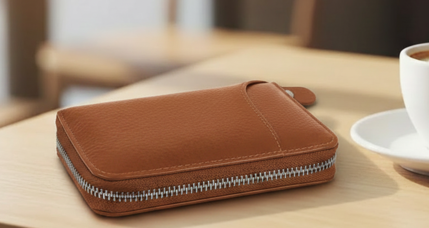 Missandtrendy Women Genuine Leather Zipper RFID Wallet brown front view