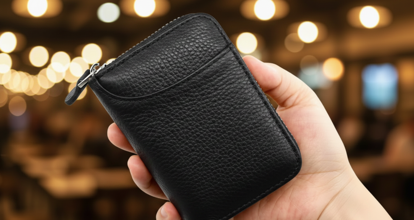 A black pebbled leather zip-around wallet held in a hand against a warm, blurred bokeh background of lights.