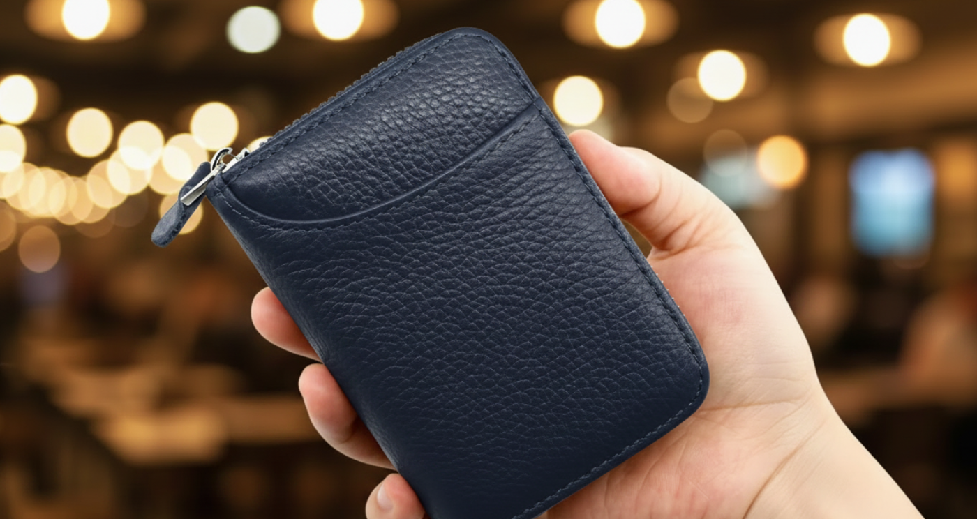 A navy blue pebbled leather zip-around wallet held in a hand against a blurred warm-toned cafe background.