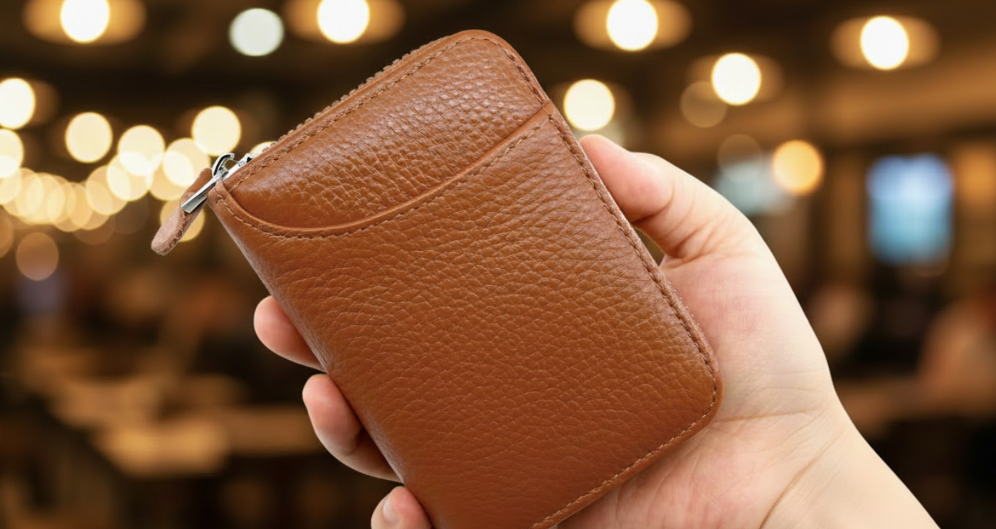 Missandtrendy Women Genuine Leather Zipper RFID Wallet brown held in hand