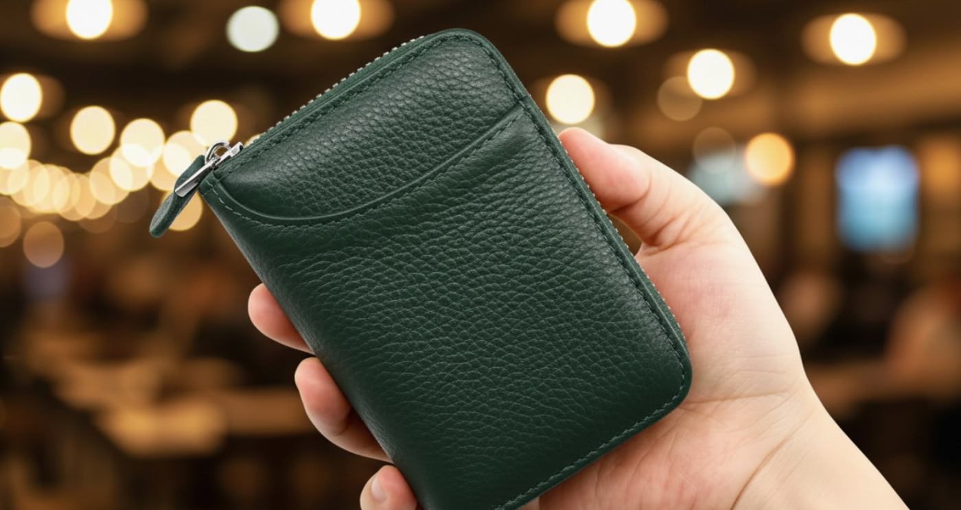 A dark green pebbled leather zip-around wallet held in a hand against a blurred warm bokeh background.