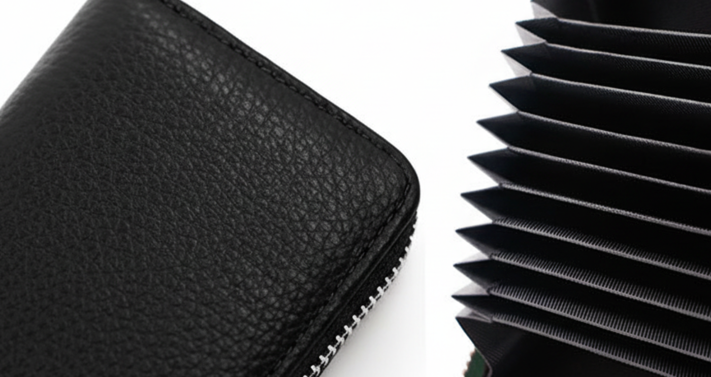 Close-up of a black pebbled leather zip-around wallet on the left and a black accordion-style cardholder on the right, set against a plain white background.