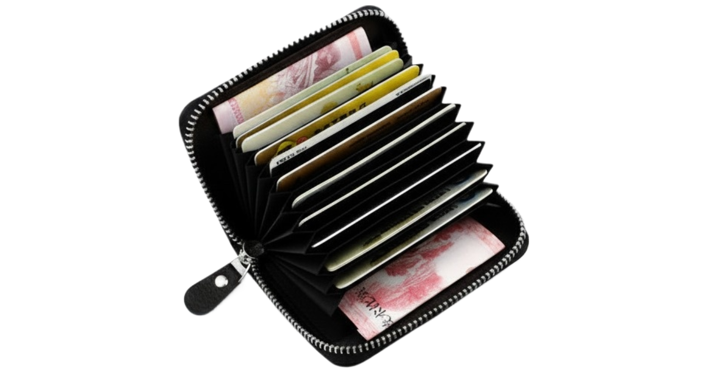 A black zippered accordion-style card holder wallet shown open, filled with credit cards and banknotes, on a plain white background.