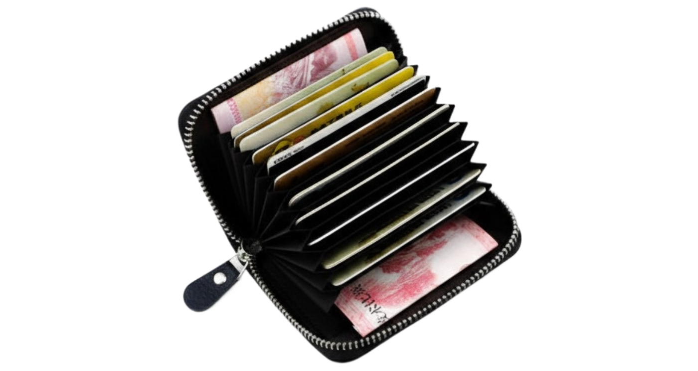An open black zip-around wallet with multiple card slots filled with credit cards and banknotes, shown on a plain white background.