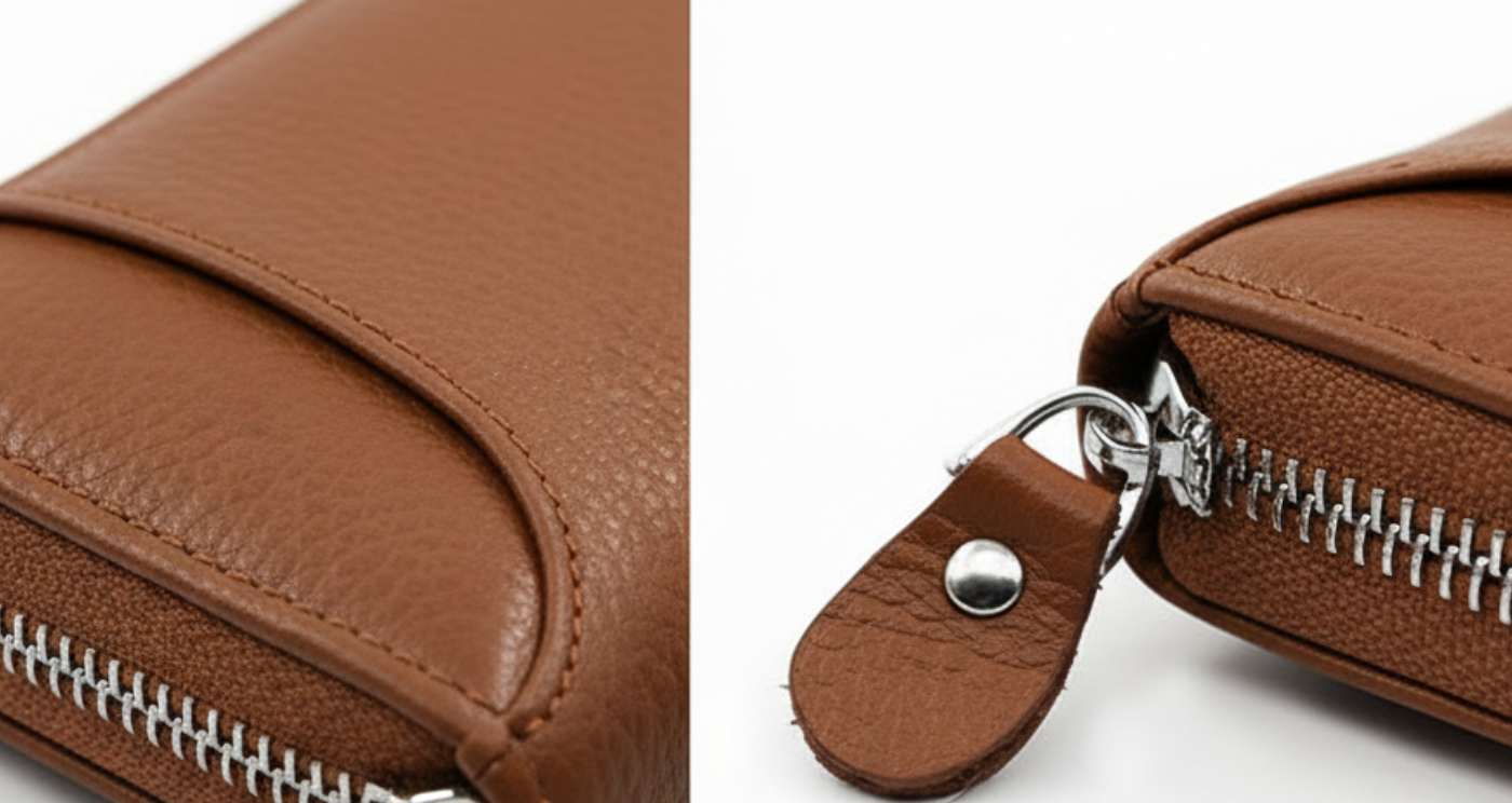 Missandtrendy Women Genuine Leather Zipper RFID Wallet brown detail display.