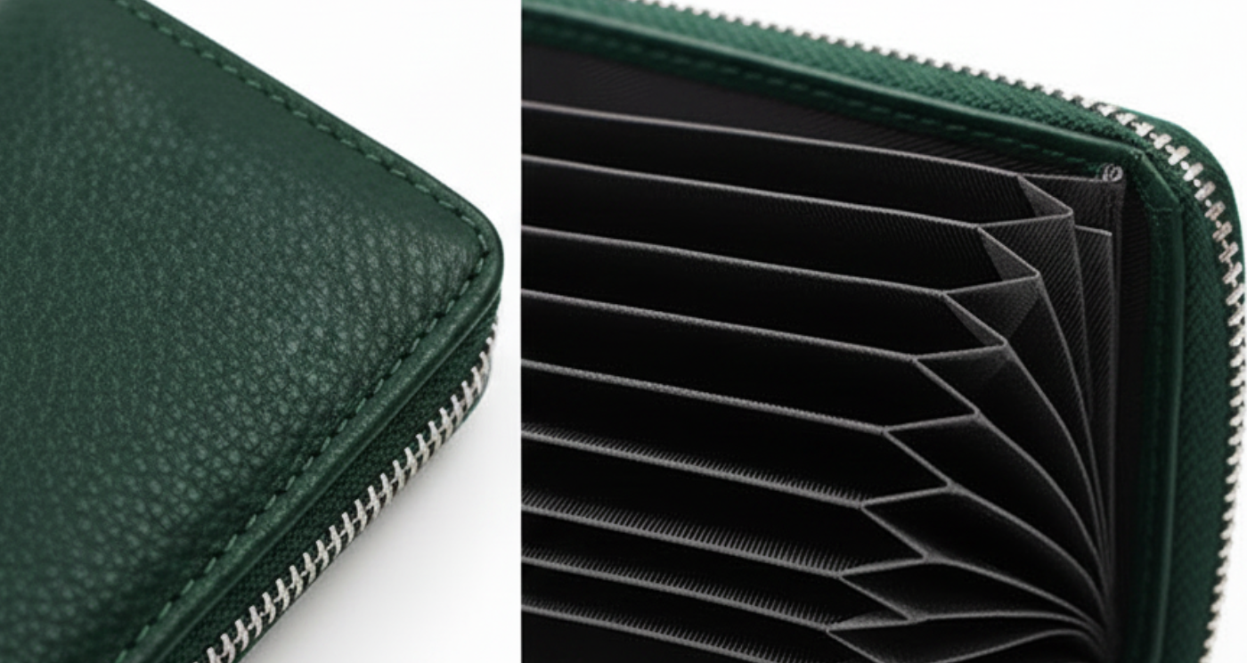 A dark green textured leather zip-around wallet shown in two close-up views: one highlighting the pebbled leather exterior and zipper, and the other showing the interior card slots and black lining.