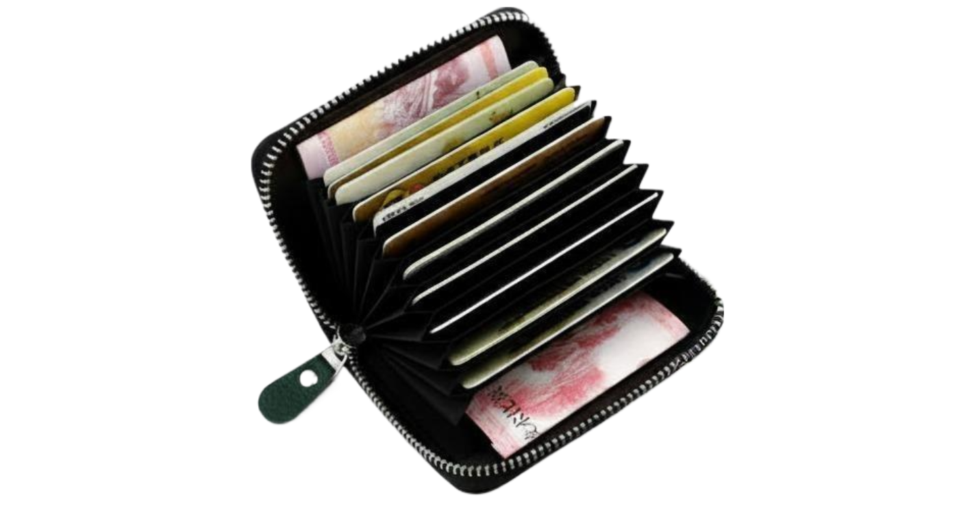A black Green zippered accordion-style card holder wallet shown open, filled with credit cards and cash, on a plain white background.