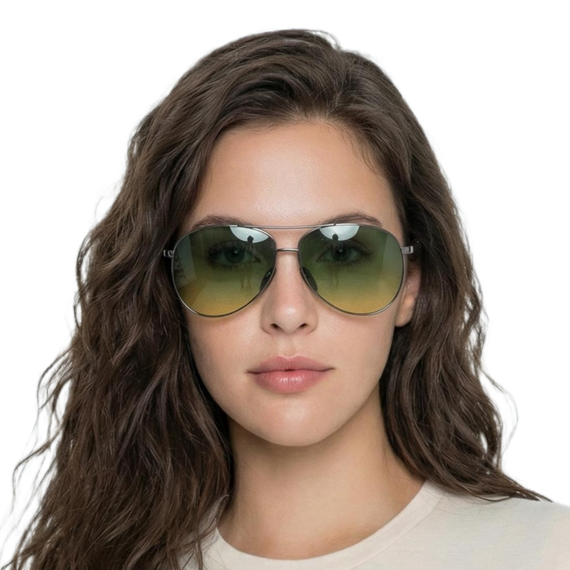 Woman wearing retro black frame and green yellow lens Aviator sunglasses by Missandtrendy front side view main