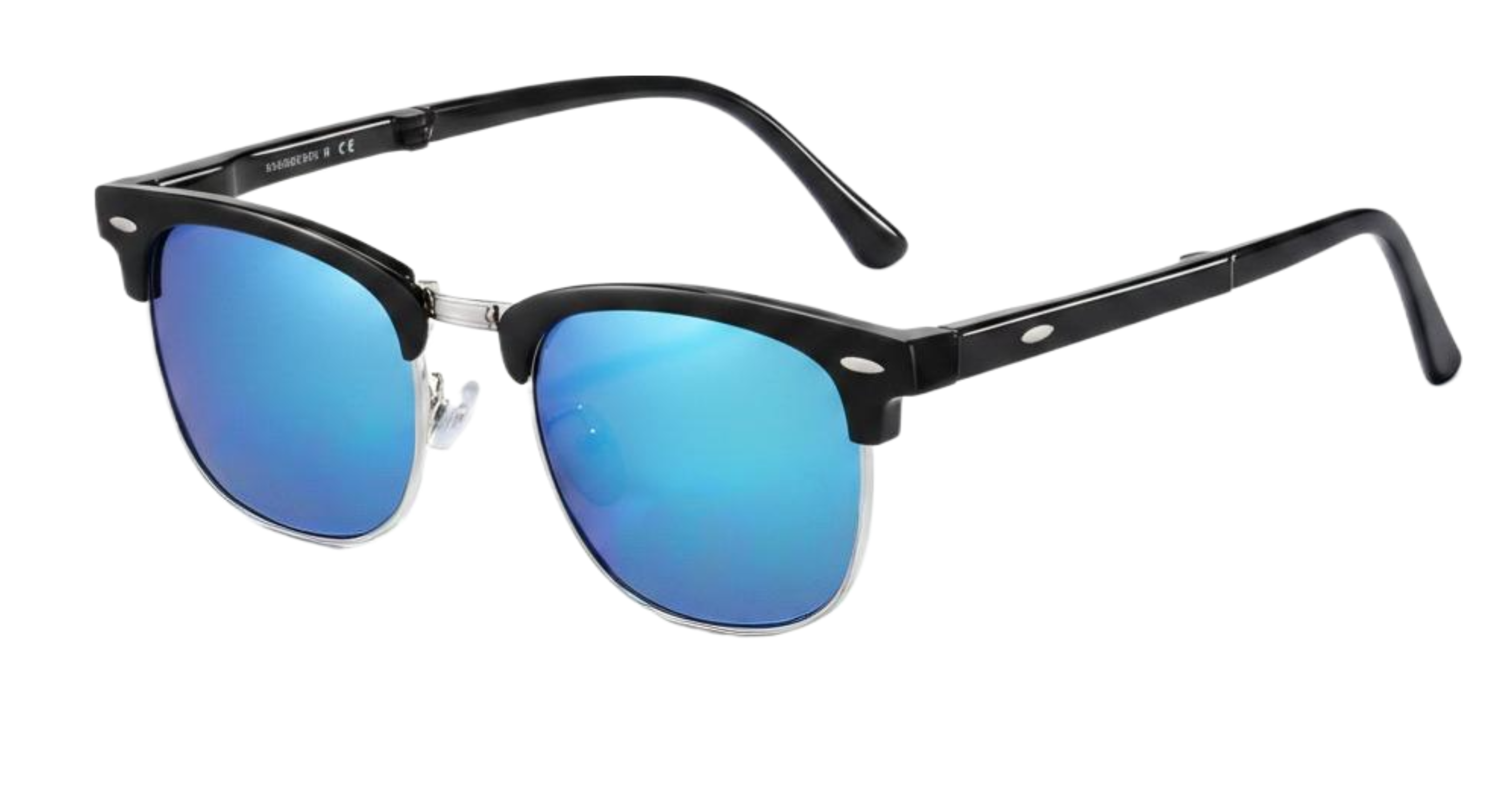 Missandtrendy Cardiff Clubmaster sunglasses with metal silver frame and mirror blue lens front 45º side view.