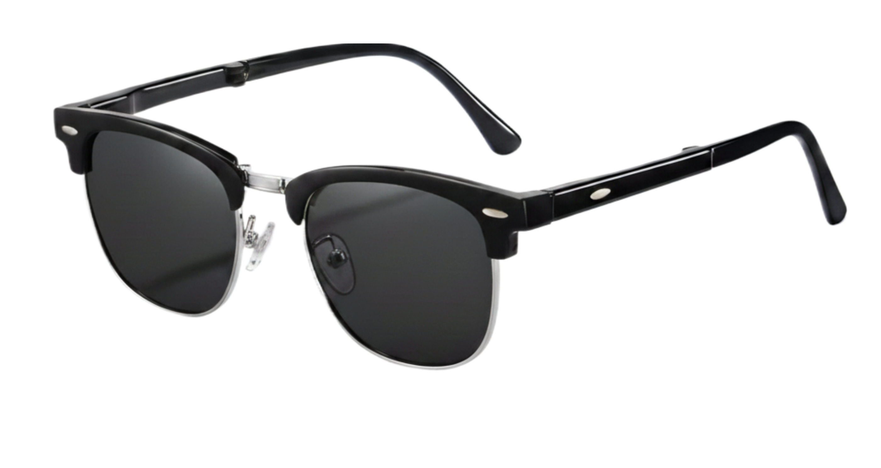 Missandtrendy Cardiff Clubmaster sunglasses with metal silver frame and black lens front 45º side view