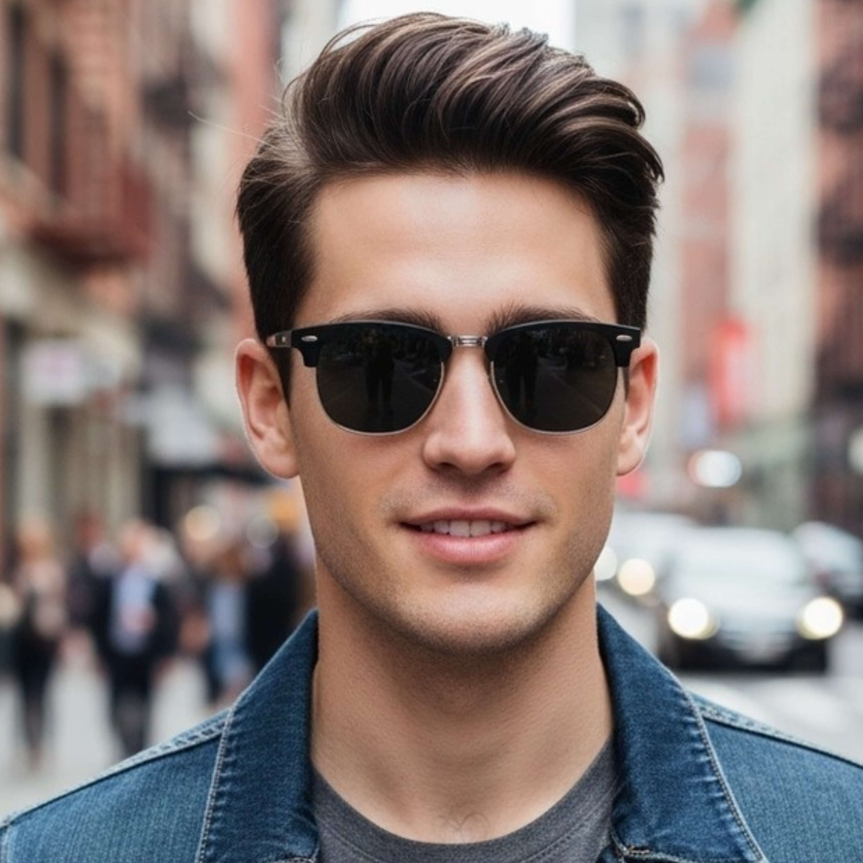 A man wearing black aviator-style sunglasses with thin silver metal frames and a blue denim jacket, photographed outdoors on a blurred city street background my Missandtrendy