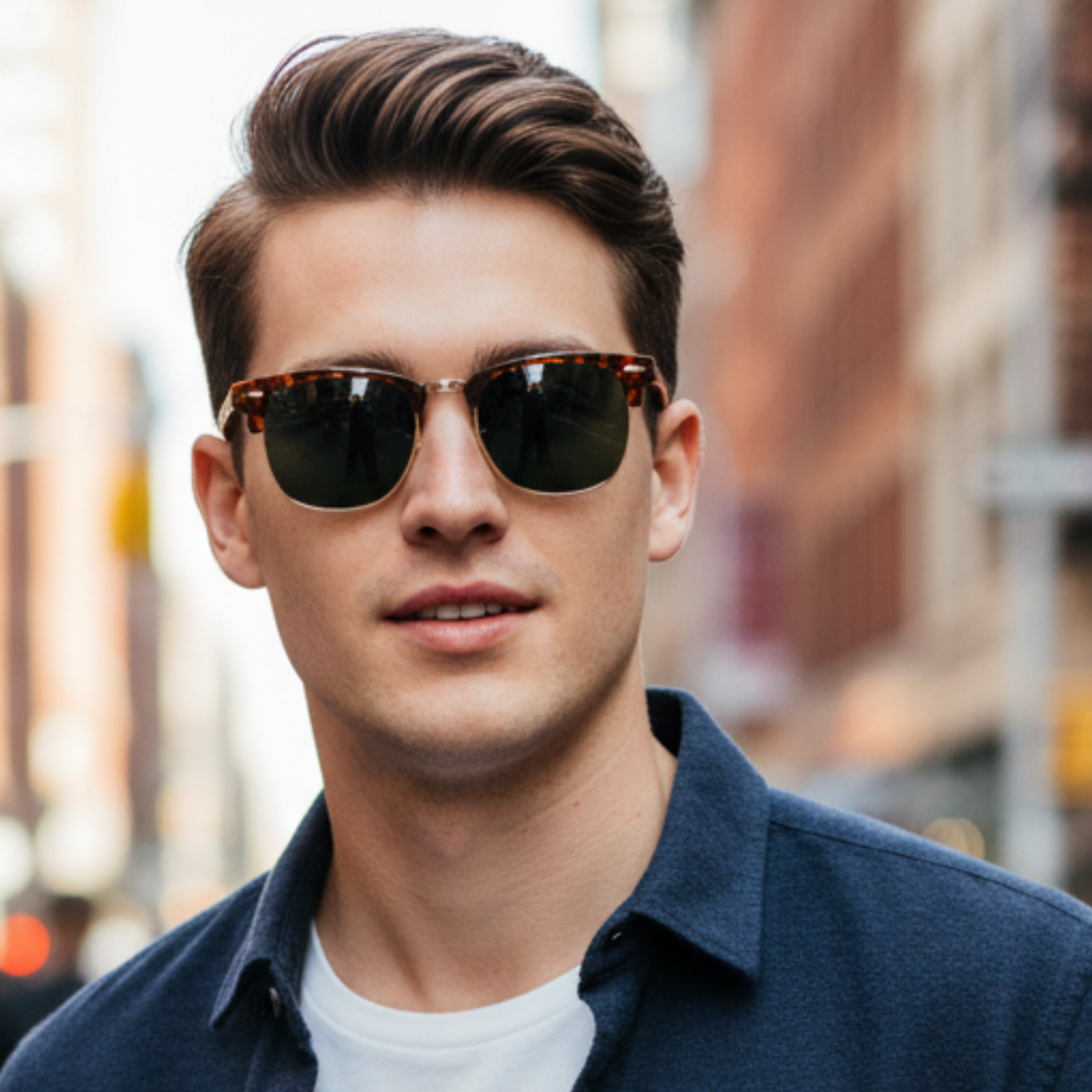 A man wearing stylish aviator sunglasses with tortoiseshell frames and dark lenses, dressed in a navy blue shirt over a white t-shirt, set against a blurred city street background by Missandtrendy