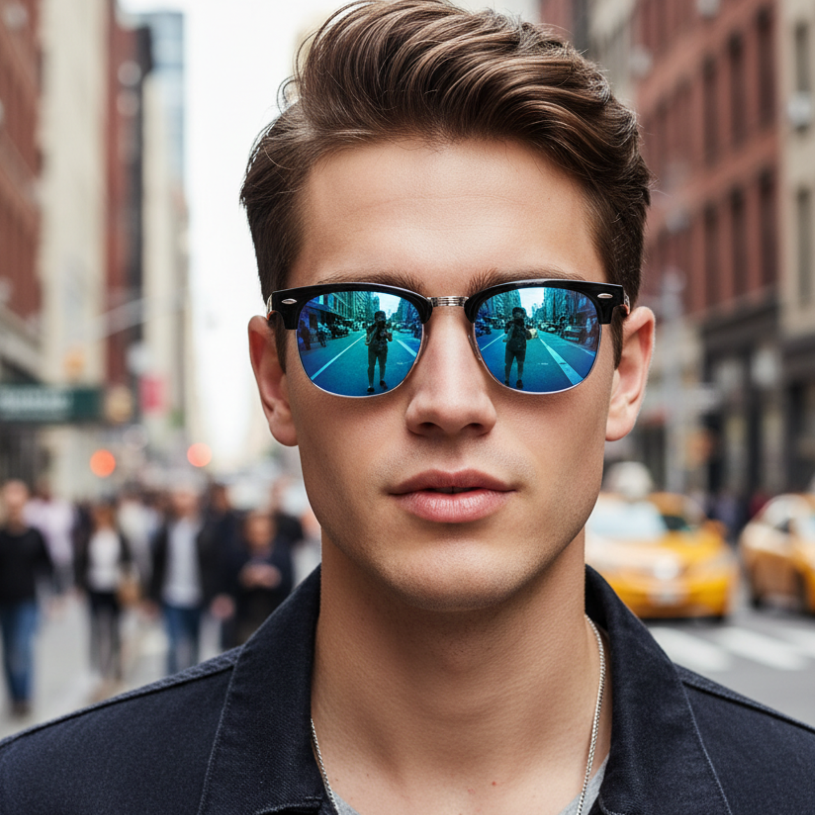 A close-up portrait of a man wearing stylish sunglasses with reflective blue lenses and thin silver metal frames, set against a blurred city street background by Missandtrendy