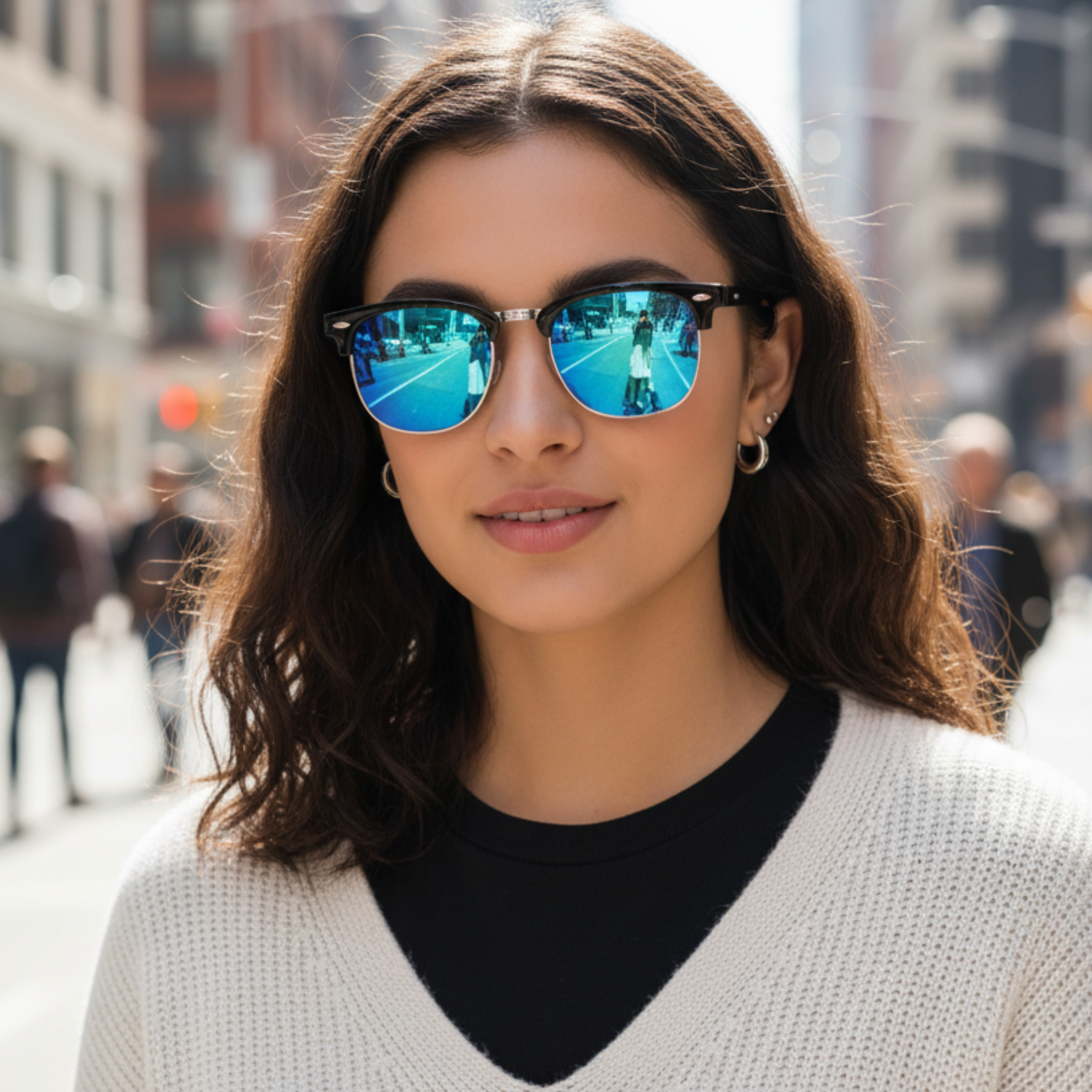 A woman with wavy brown hair wearing round sunglasses with reflective blue lenses and a black-and-white knit top, photographed outdoors on a blurred city street by Missandtrendy