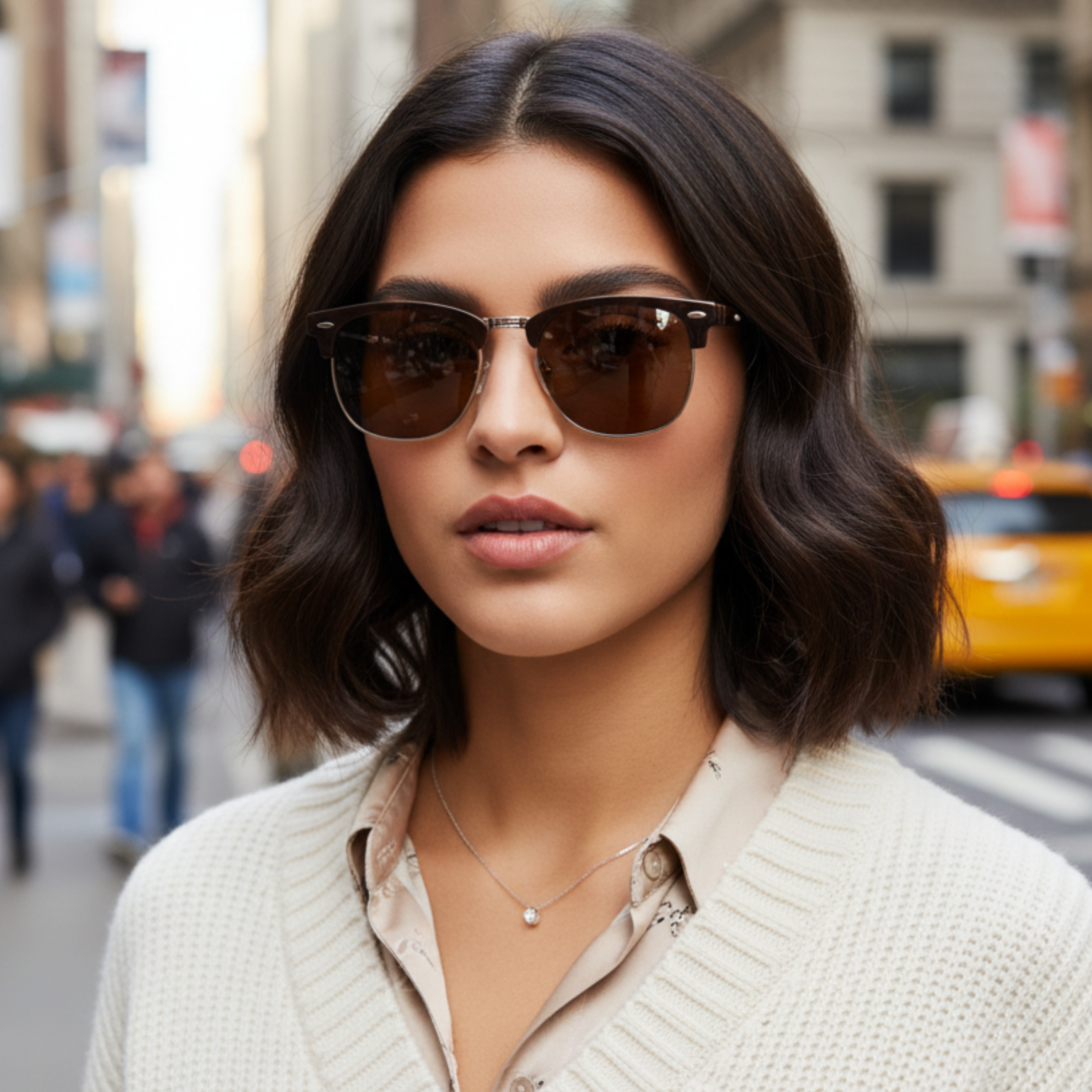 A woman with short dark brown hair wearing dark brown tinted sunglasses with a thin gold metal frame, a beige collared shirt, and a cream knit cardigan, photographed on a blurred city street background by Missandtrendy
