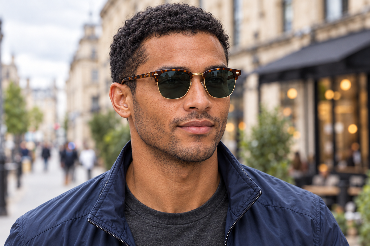 Man in sporty citywear wearing Cardiff II UV 400 polarised clubmaster sunglasses with tortoiseshell brows and green lenses
