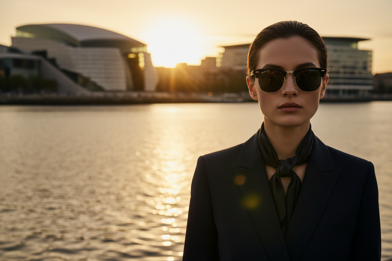 Clubmaster sunglasses Cardiff Bay golden hour
