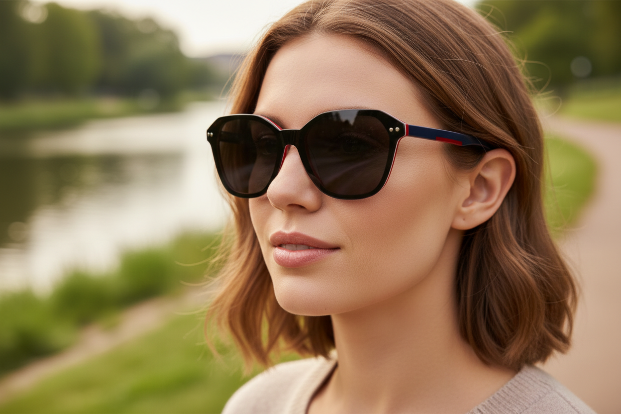 Woman wearing Red Derby polarised UV 400 acetate sunglasses outdoors by the River Derwent — Missandtrendy polarised sunglasses Derby