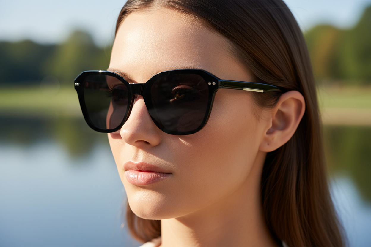 Woman wearing Derby polarised UV 400 acetate sunglasses outdoors by the River Derwent — Missandtrendy polarised sunglasses Derby