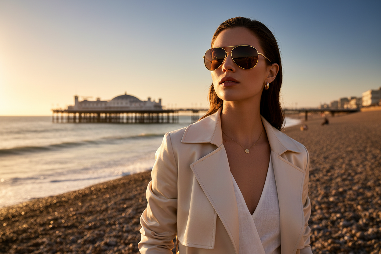 Elegant woman wearing gold aviator sunglasses Brighton seafront Palace Pier golden hour