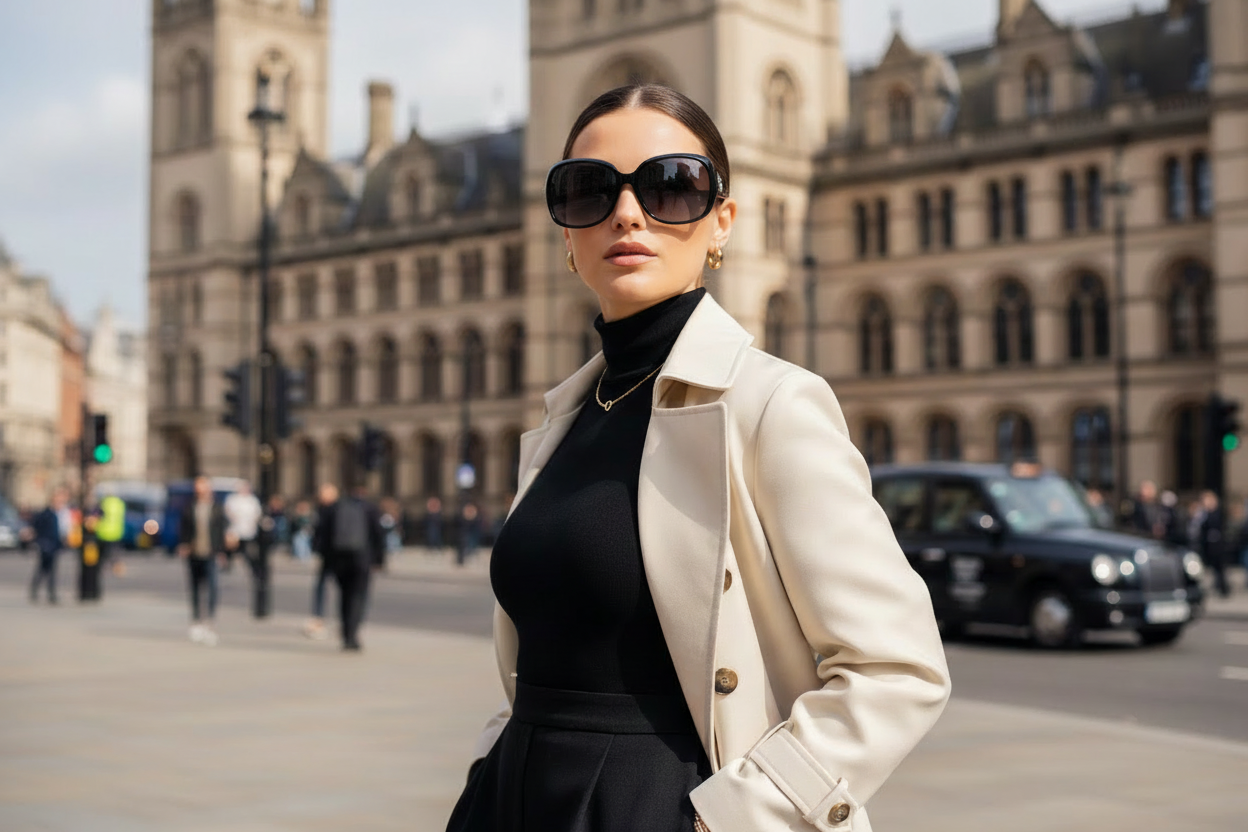 Elegant woman wearing oversized black gradient sunglasses Manchester Town Hall Albert Square daylight