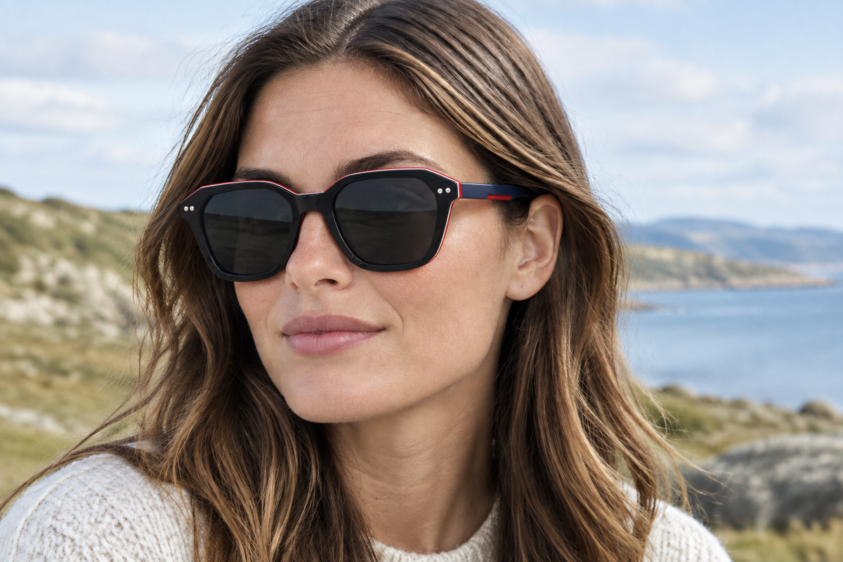 A woman outdoors wearing black sunglasses with a red and blue striped temple arm, set against a blurred coastal background.
