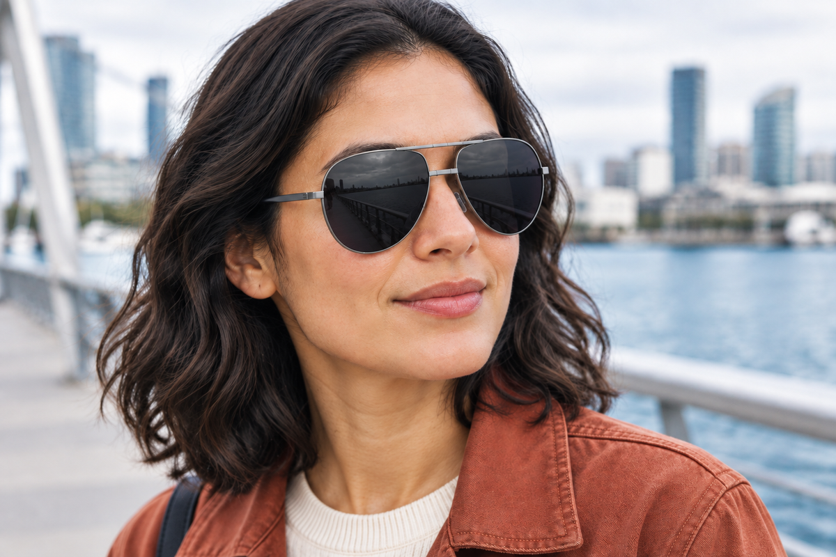 Female model wearing black-lens gunmetal aviators by a city waterfront