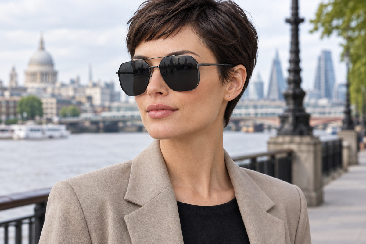A woman with short dark hair wearing black aviator-style uv polarised sunglasses and a beige blazer, photographed outdoors with a blurred city waterfront and St. Paul's Cathedral in the background. 