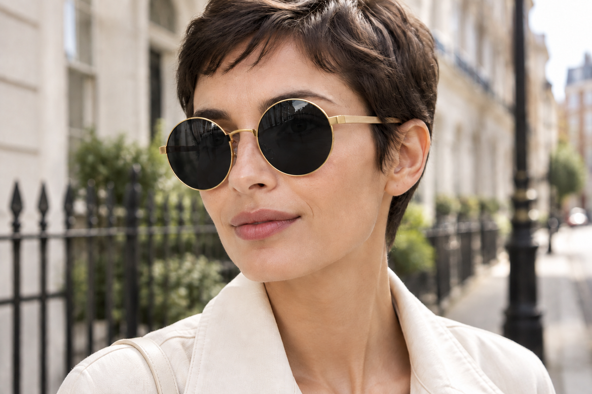 A woman with short dark hair wearing round gold-framed uv polarised sunglasses with dark lenses, photographed outdoors on a city street with buildings and a fence in the background.