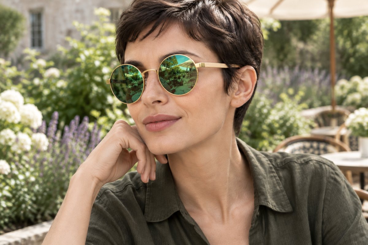 Female model wearing round gold uv polarised sunglasses with green mirrored lenses at an outdoor café