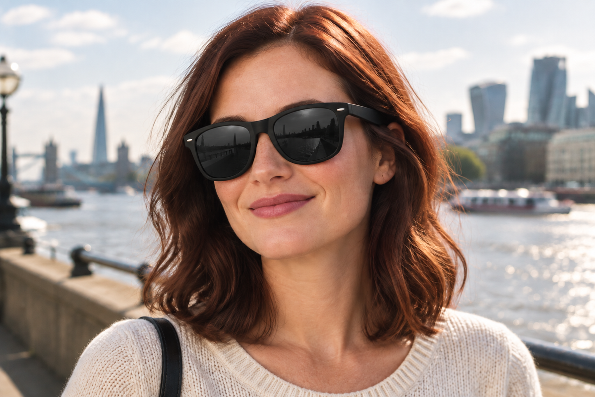A woman with red hair wearing black uv polarised sunglasses and a cream knit sweater, standing outdoors by the water with a city skyline in the background
